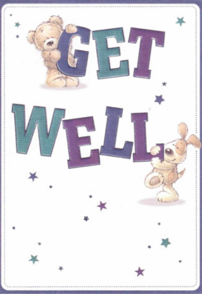 Evoking a blend of playful innocence and heartfelt support, this get well card's artwork offers a delightful moment of encouragement reminiscent of the warm neighbourly spirit in Colney Hatch. At the center, a gentle bear-its fur painted in inviting shades of soft gold-reaches over the large, welcoming letters of 'GET,' while a floppy-eared, light brown puppy cozily settles against 'WELL.' Their round, huggable forms and open expressions communicate genuine warmth, creating a scene as comforting as receiving a fresh delivery from a local florist after a morning stroll through Colney Hatch's leafy lanes. Deep purples and teal blues saturate the typography, infusing energy and visual appeal among the surrounding twinkling stars rendered in pastel lavenders and inky blues. The background-a crisp, gentle white-amplifies the scene's sense of cleanliness and healing, perfect for anyone needing a lift. The subtle softness of the illustrated fur and the dynamic yet soothing layout echo the tactile joy of running your fingers over velvety petals or plush bear's fur, while the playful starbursts add dreamy optimism, reminiscent of well-wishes drifting through the North London air. This card captures the spirit of a get well gesture sent with care, much like Flowers Colney Hatch arranges every bouquet to comfort and reassure-an artistic offering of encouragement as sincere as the community it represents.